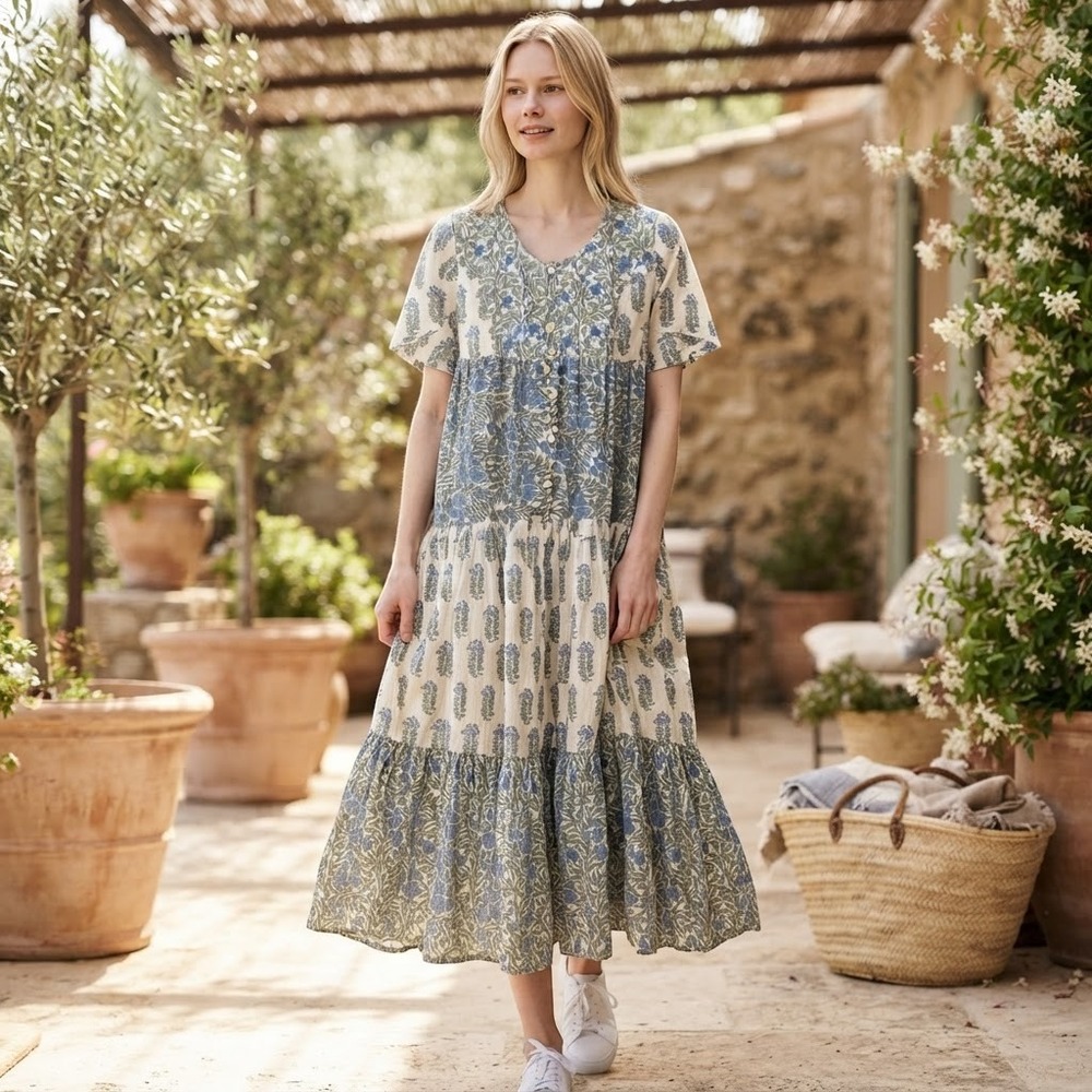 Partners Intimates Cotton Floral Block Print Tiered Midi Dress XXL Blue Green